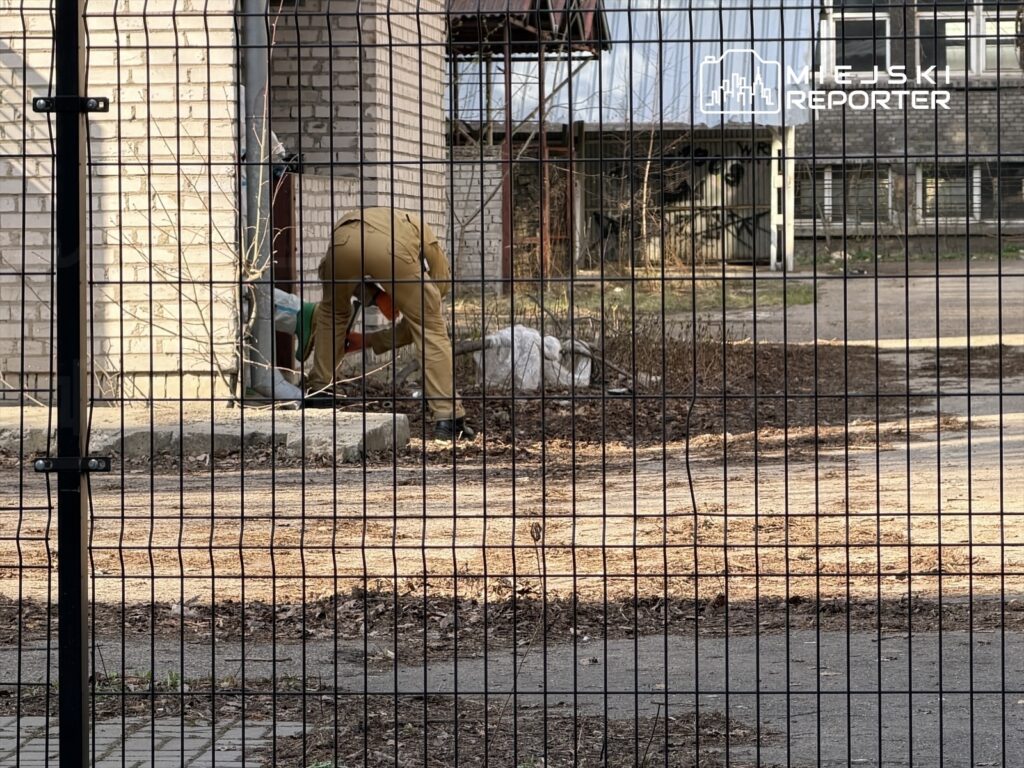 Mężczyzna w żółtym kombinezonie zbiera liście obok budynku, przy ogrodzeniu z siatki.