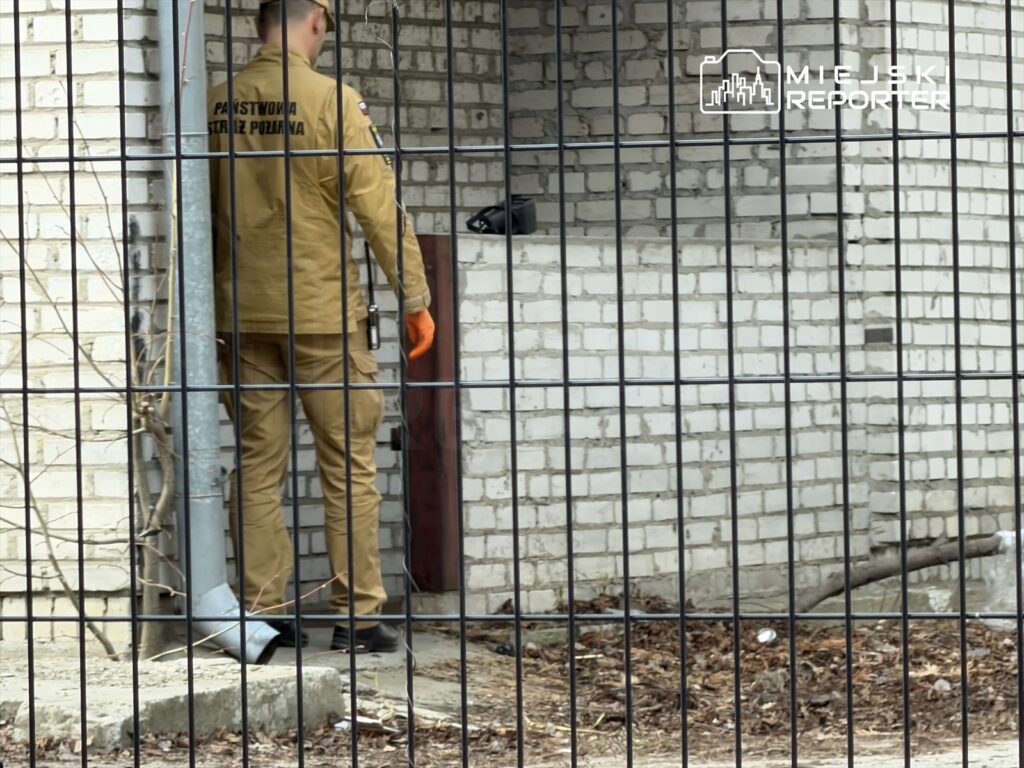 Funkcjonariusz ochrony w mundurze z pomarańczowymi rękawicami przegląda teren za ogrodzeniem.