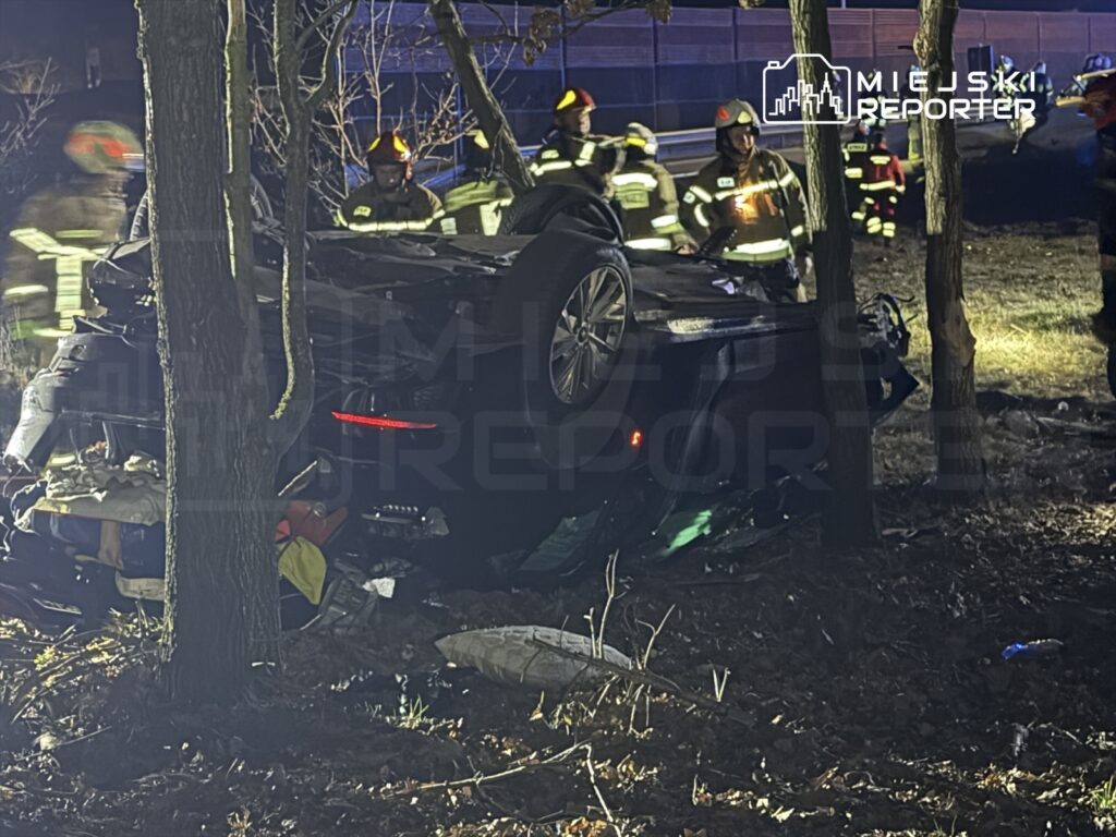 Wielu strażaków pracuje przy przewróconym samochodzie w lesie, otoczeni przez drzewa i zarośla.