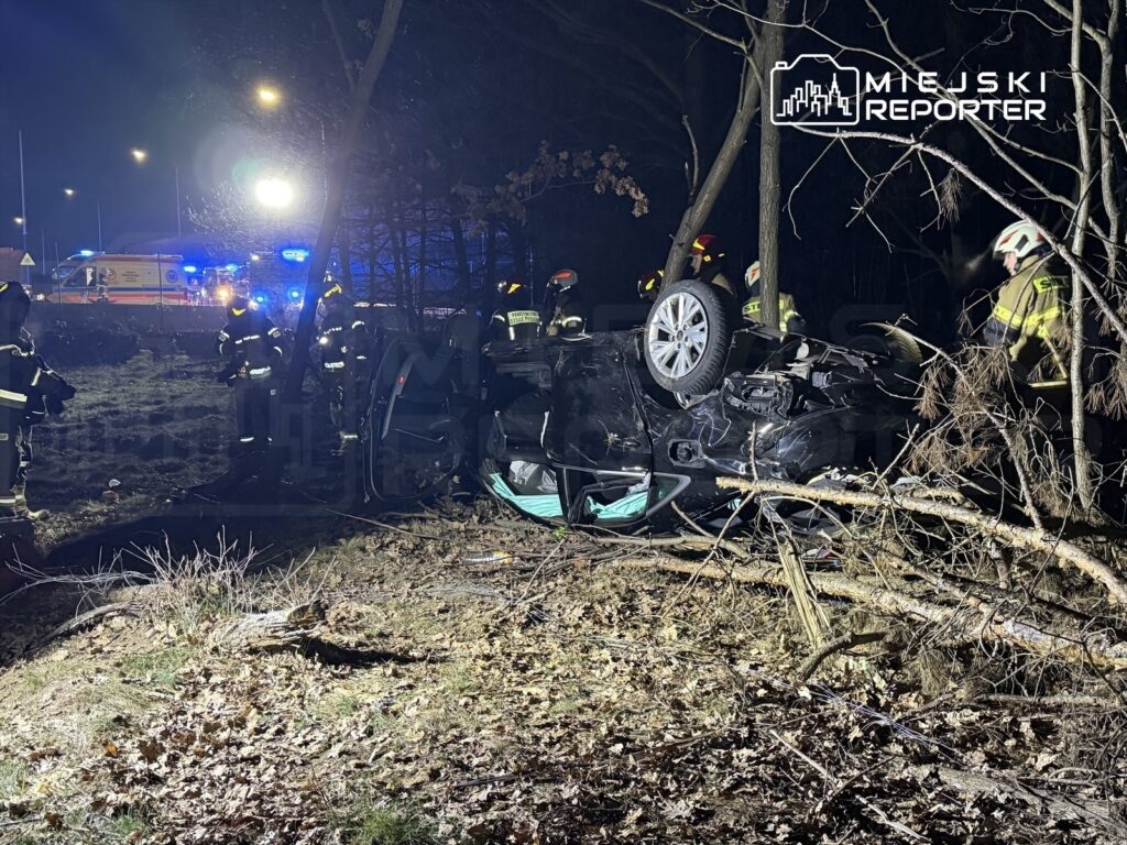 Grupa strażaków prowadzi akcję ratunkową przy przewróconym samochodzie w lesie, oświetlonym przez policyjne sygnalizatory.