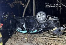 Strażacy pracują nad przewróconym samochodem osobowym w lesie, w nocy, w otoczeniu drzew i liści.