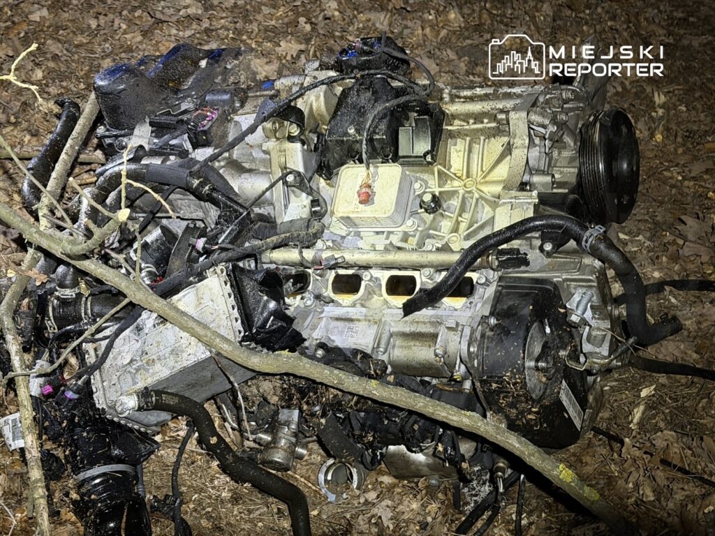 Silnik samochodowy leży na ziemi w lesie, otoczony gałęziami i liśćmi.