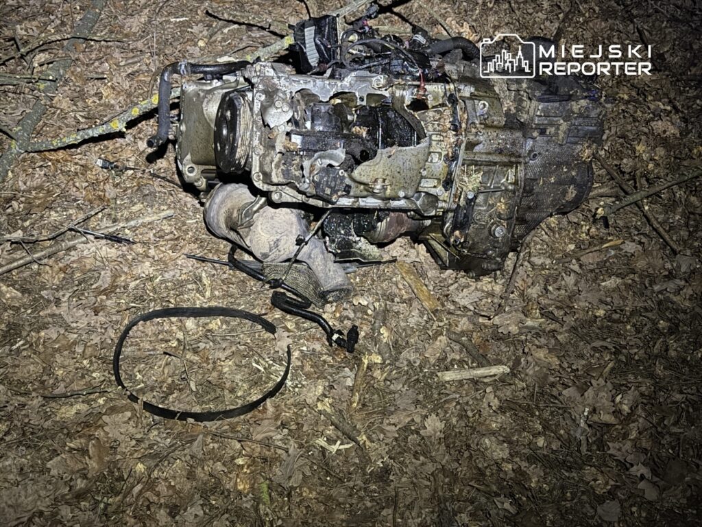 Silnik samochodowy leży na leśnej ziemi, otoczony opadłymi liśćmi i gałęziami. Obok znajduje się czarna obręcz.