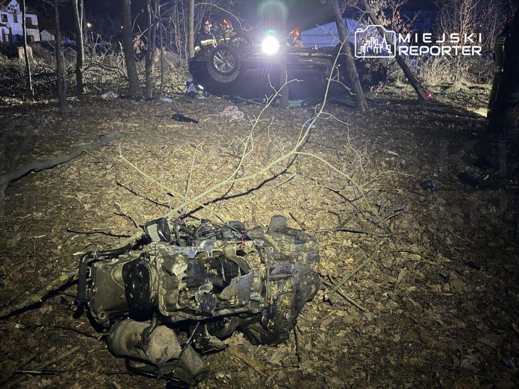 W lesie leży uszkodzony silnik samochodowy, obok pracują strażacy w mundurach, w tle przewrócone auto.