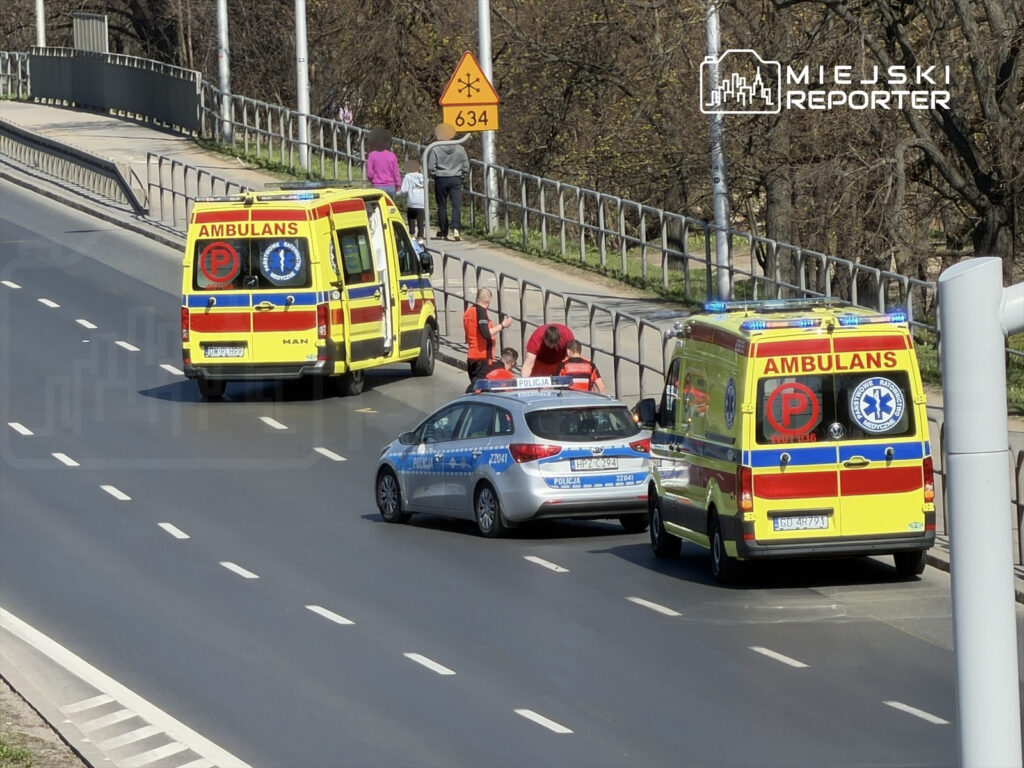 Na drodze zatrzymane karetki pogotowia oraz radiowóz policyjny, a obok trzech ratowników udzielających pomocy.