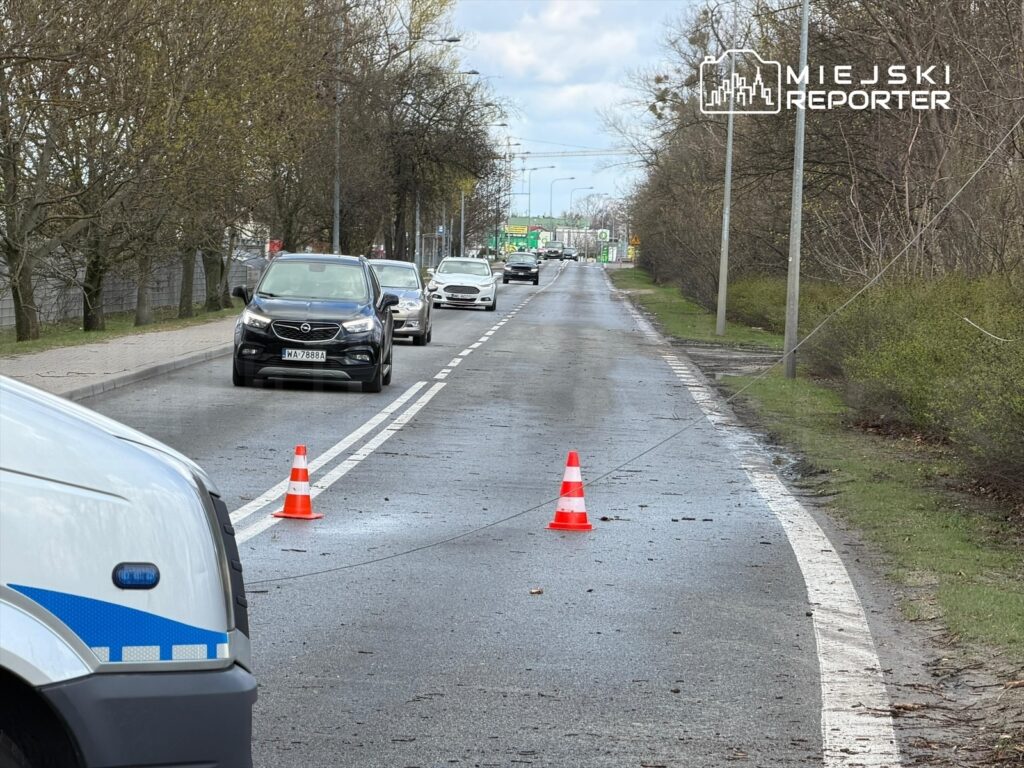 Na drodze stoją dwa trójkątne znaki ostrzegawcze, a w tle poruszają się samochody. Po lewej stronie widać zadrzewioną alejkę.