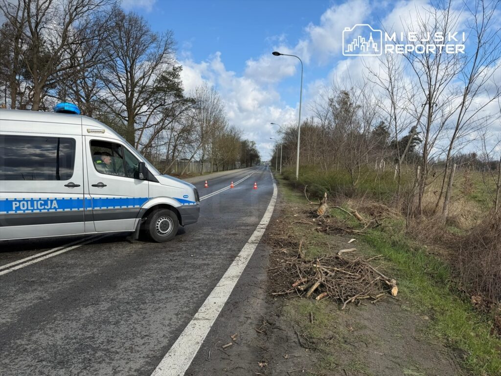 Policyjny samochód blokujący drogę, z funkcjonariuszem w środku, obok leżące gałęzie na poboczu.