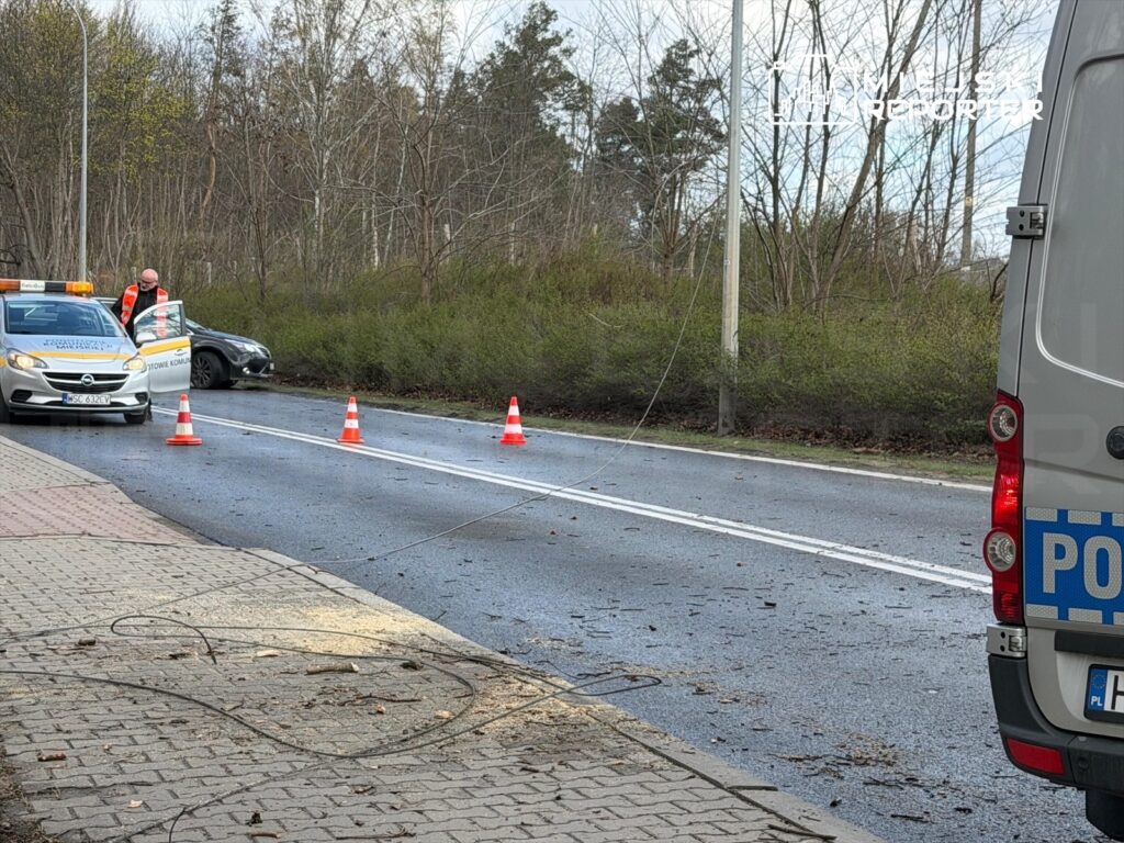 Policyjny radiowóz z włączonymi sygnałami świetlnymi stoi przy drodze, a funkcjonariusz zabezpiecza miejsce zdarzenia.