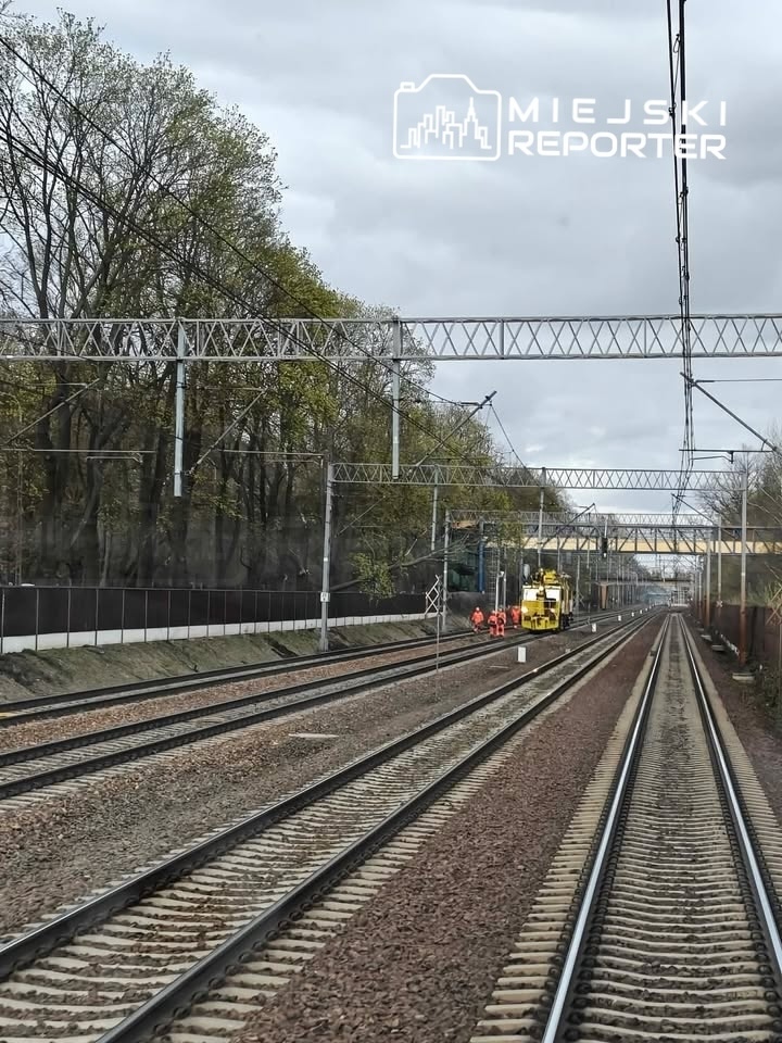 Grupa pracowników w pomarańczowych strojach przy torach kolejowych, obok żółtej maszyny roboczej, w otoczeniu drzew.