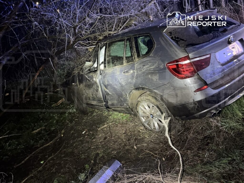Samochód osobowy wjeżdżający w zarośla, z widocznymi uszkodzeniami na bokach i błocie, w ciemnym otoczeniu.