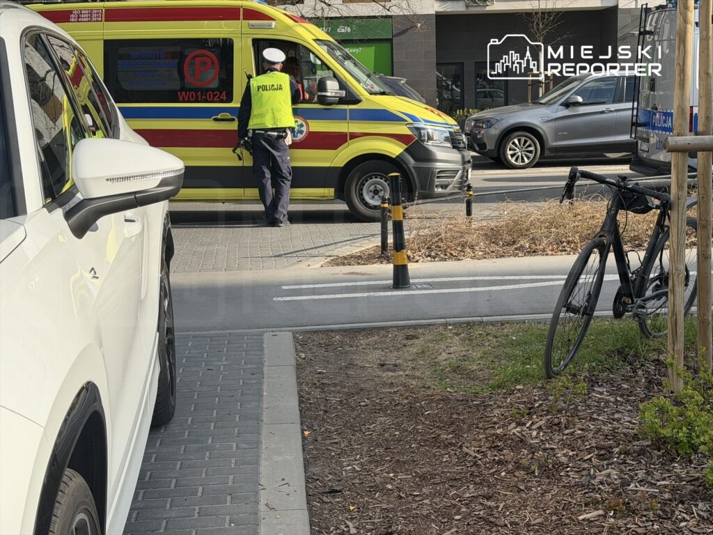 Policjant w kamizelce odblaskowej kontroluje zaparkowany pojazd obok radiowozu w miejskim otoczeniu.