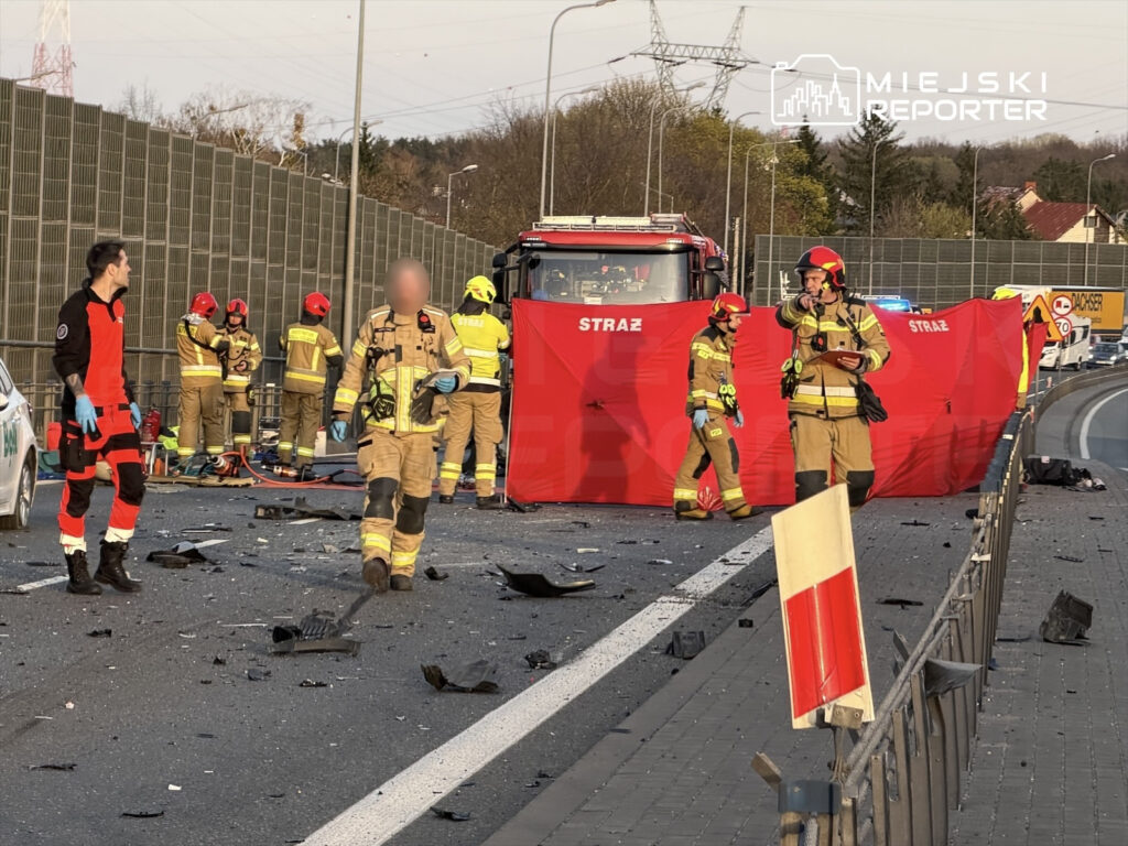 Strażacy w mundurach pracują na miejscu wypadku drogowym, otoczeni przez zniszczone pojazdy i leżące na jezdni szczątki.