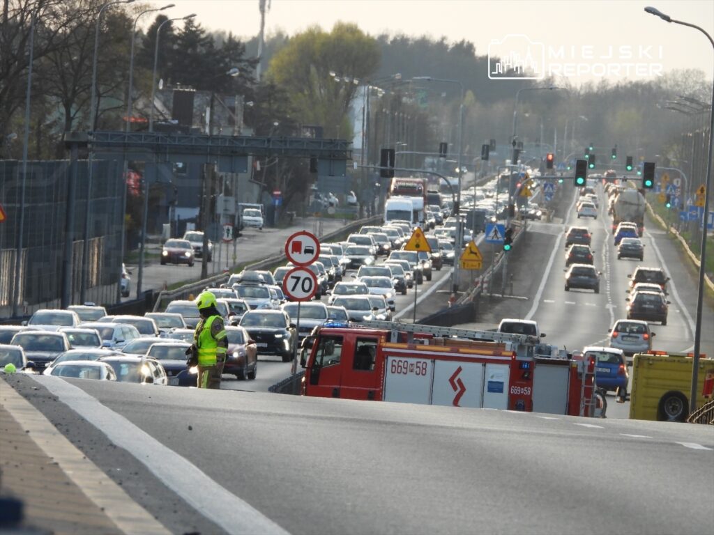 Policjant w żółtej kamizelce kieruje ruchem drogowym obok zablokowanej drogi, w tle widać samochody w korku.