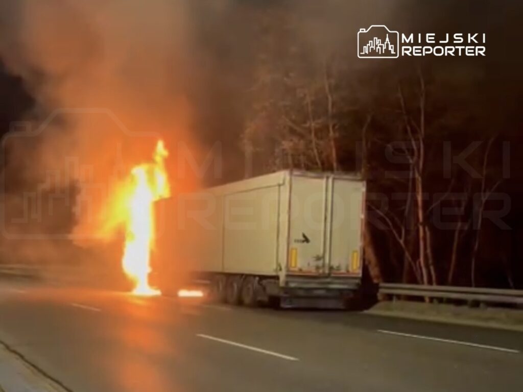 Ciągnik siodłowy w płomieniach na poboczu drogi, otoczony dymem i ciemnym lasem.