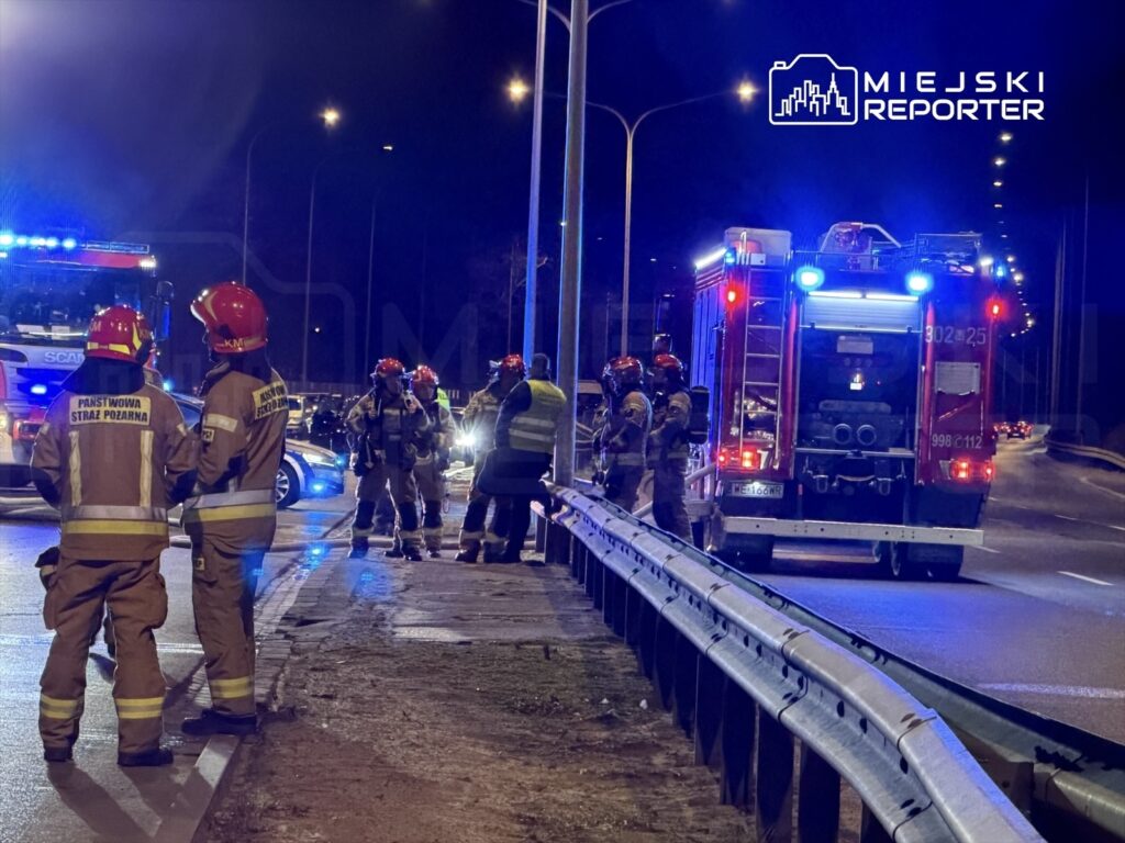 Grupa strażaków w hełmach omawia sytuację obok wozu strażackiego z włączonymi sygnałami świetlnymi na drodze.