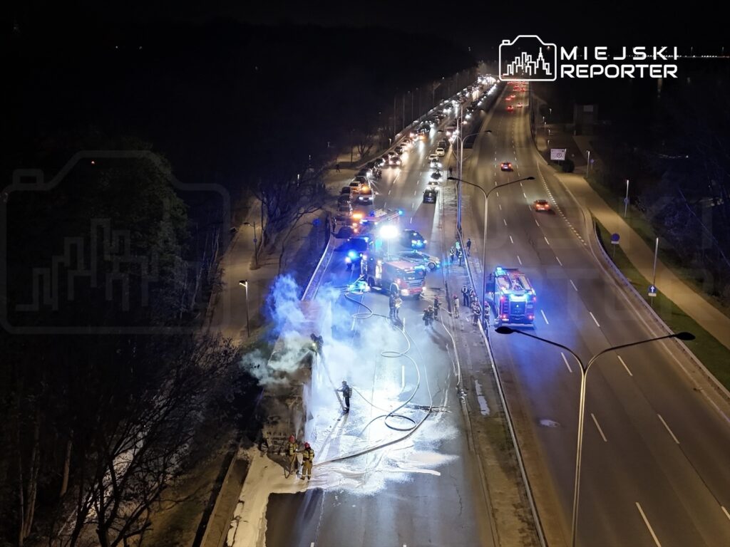 Strażacy gaszą pożar na jezdni, obok stoją pojazdy ratunkowe z włączonymi sygnałami świetlnymi.