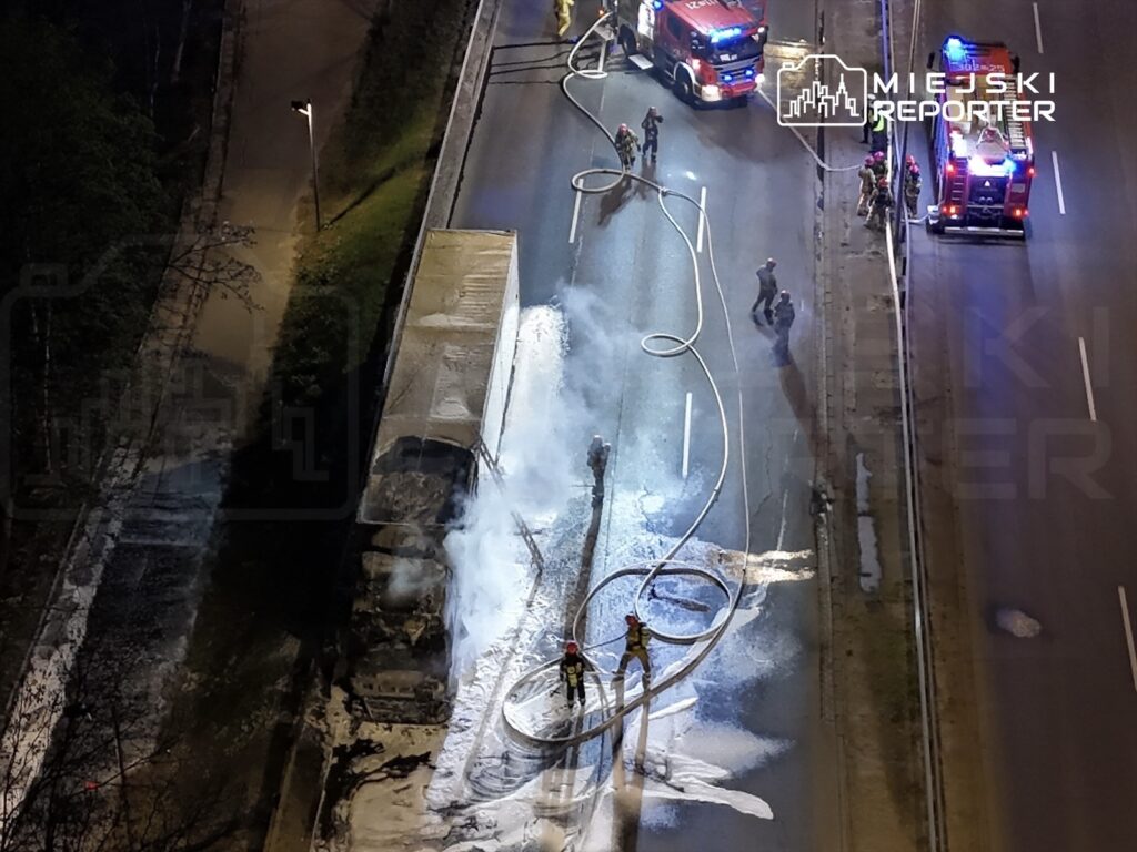 Strażacy gaszą pożar spalonego pojazdu na jezdni, obok stoją wozy strażackie i wężami wypełnione są białą pianą.