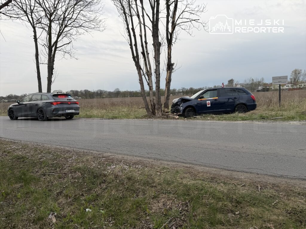 Czarny samochód osobowy zatrzymany przy drodze obok uszkodzonego niebieskiego auta, w tle pola i drzewa.