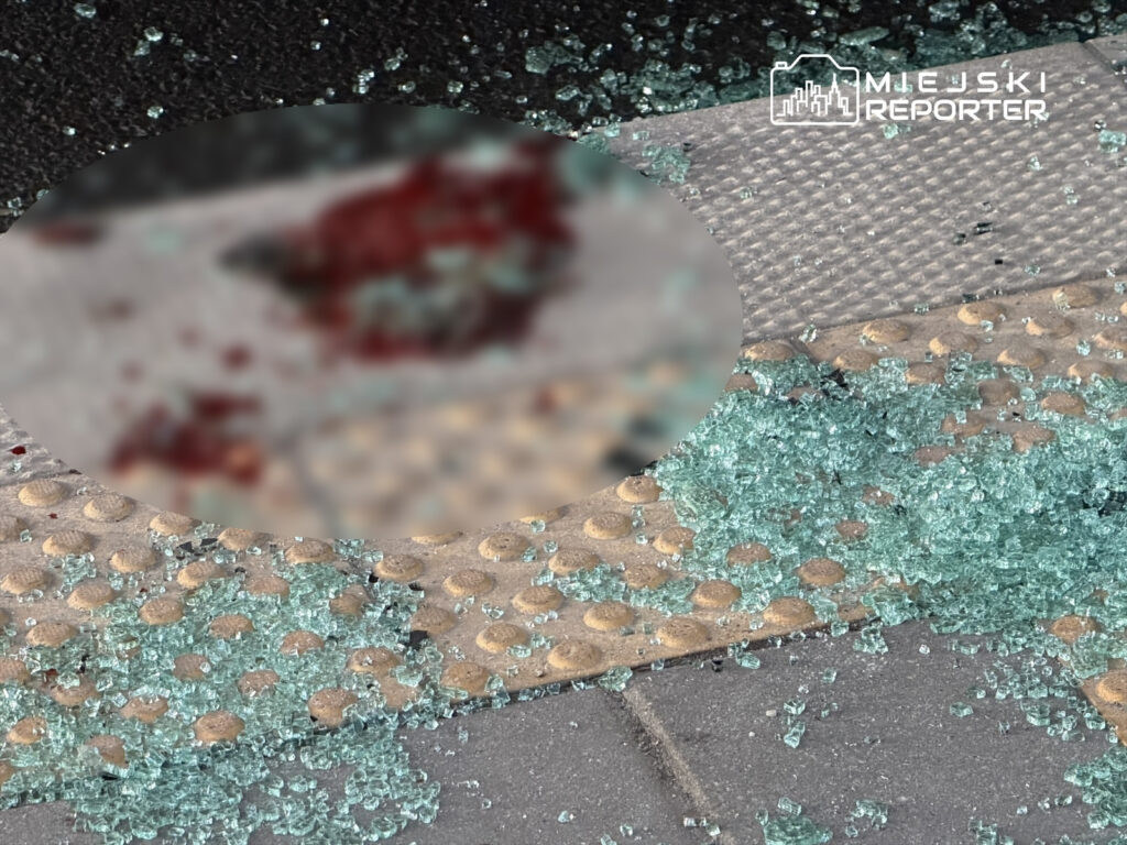 Na chodniku leżą odłamki szkła oraz plamy krwi, w tle widoczna jest faktura powierzchni chodnika.