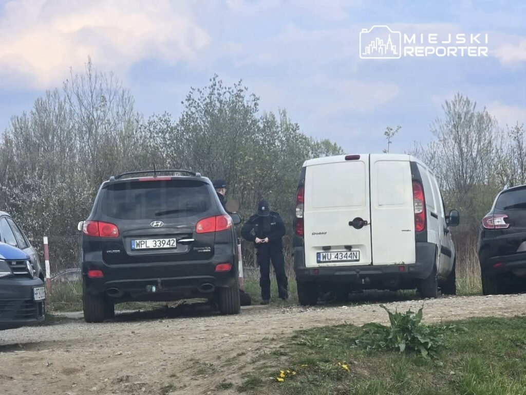 Funkcjonariusz policji rozmawia z osobą obok zaparkowanego samochodu osobowego i dostawczego w terenie zielonym.