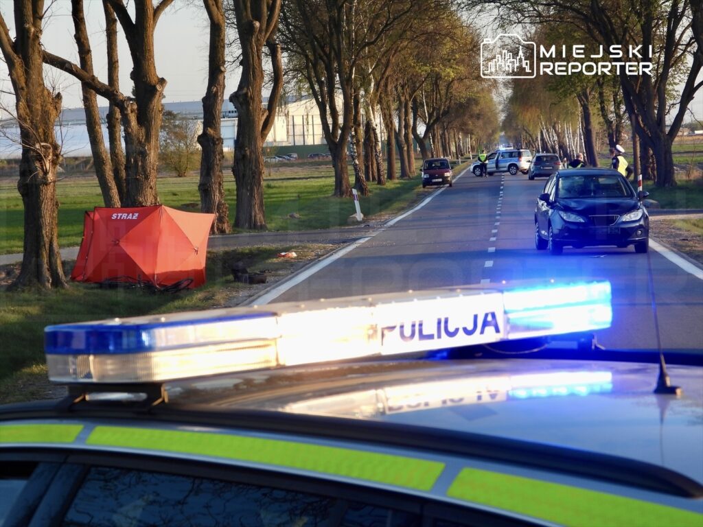 Policjant kierujący ruchem obok radiowozu z włączonymi sygnałami świetlnymi na drodze, obok czerwonego namiotu.