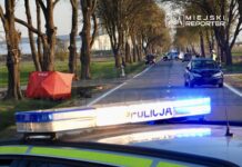 Policjant kierujący ruchem obok radiowozu z włączonymi sygnałami świetlnymi na drodze, obok czerwonego namiotu.