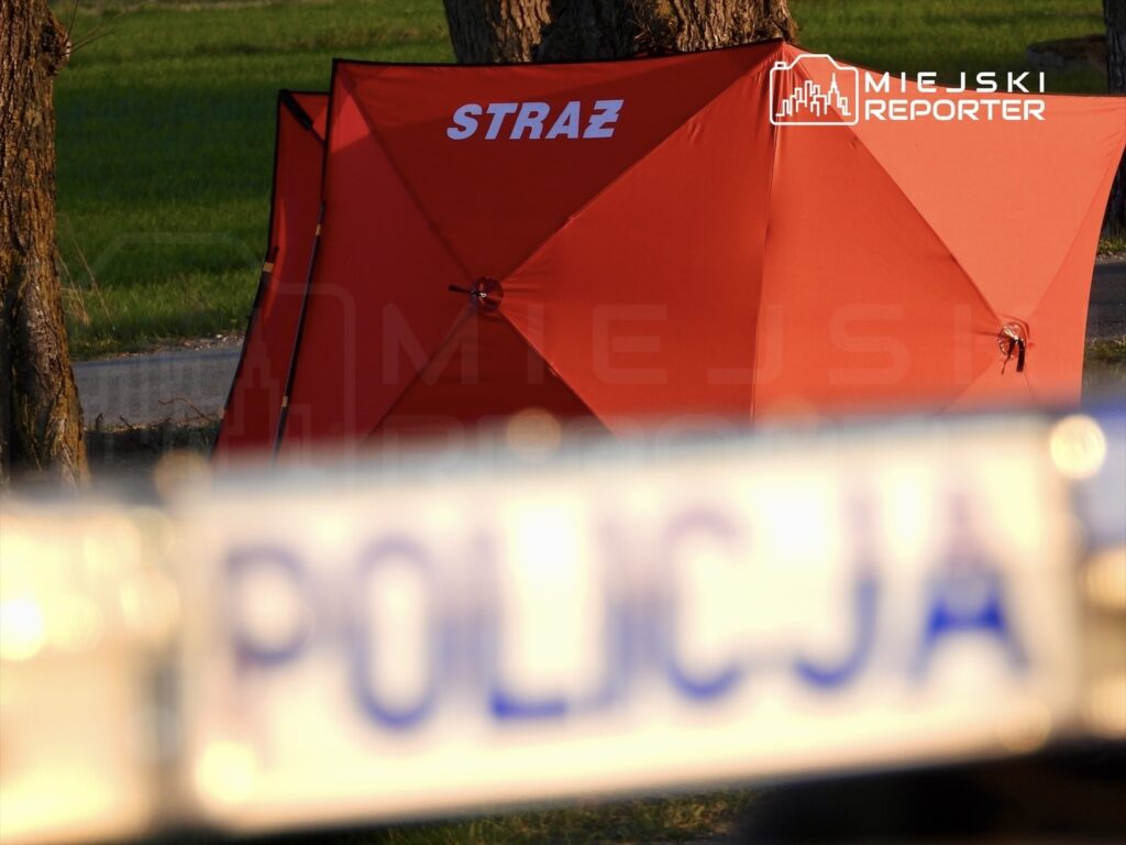 Czerwony namiot z napisem "STRAŻ" ustawiony w pobliżu drogi, w tle niewyraźny znak radiowozu z napisem "POLICJA".