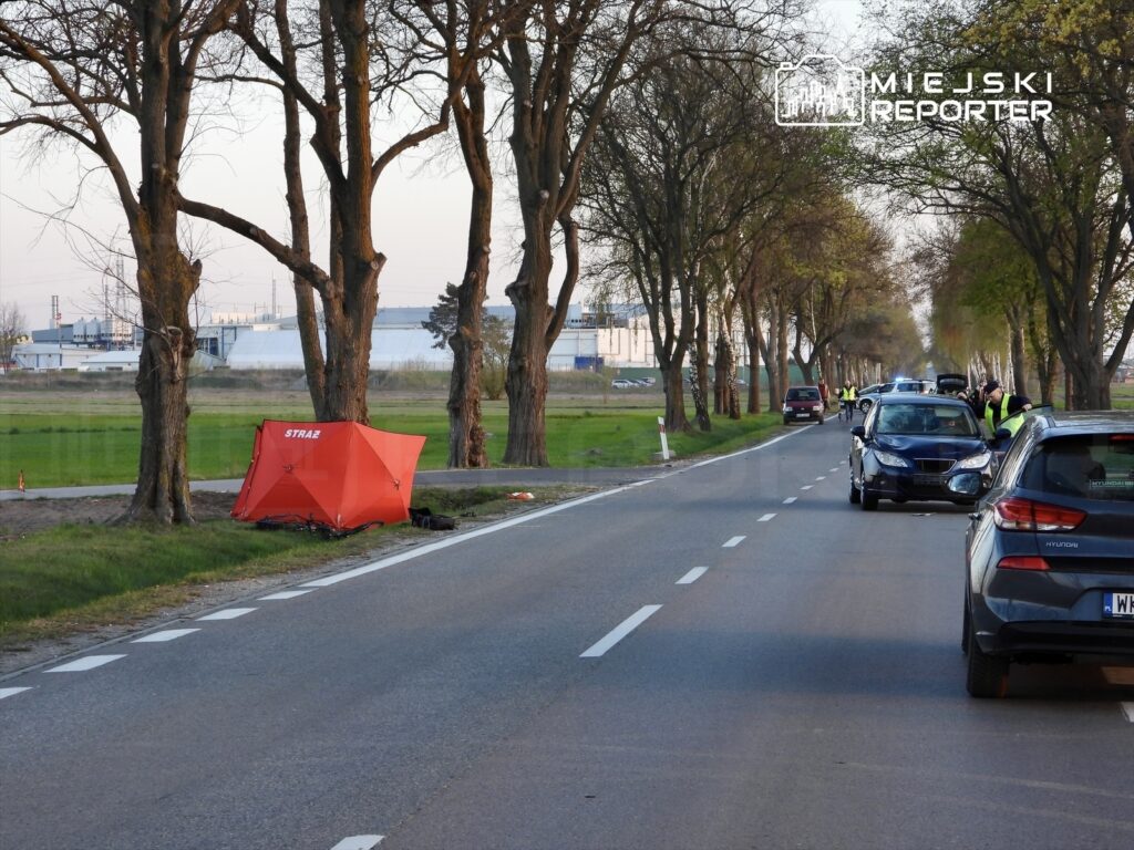Na poboczu drogi stoi czerwona namiot straży, obok zaparkowane pojazdy oraz funkcjonariusze w odblaskowych kamizelkach.