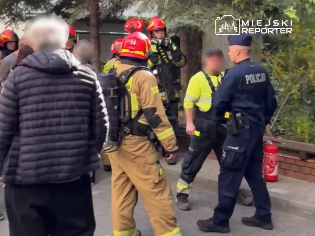 Grupa strażaków i policjantów rozmawia z mężczyzną w żółtej kamizelce na ulicy, w tle widać tłum ludzi.