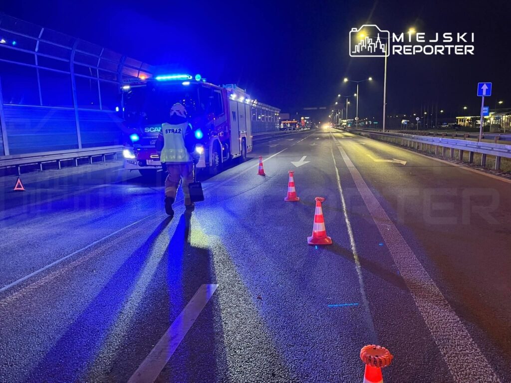 Strażak w odblaskowej kamizelce ustawia pachołki na oświetlonej niebieskimi światłami drodze.