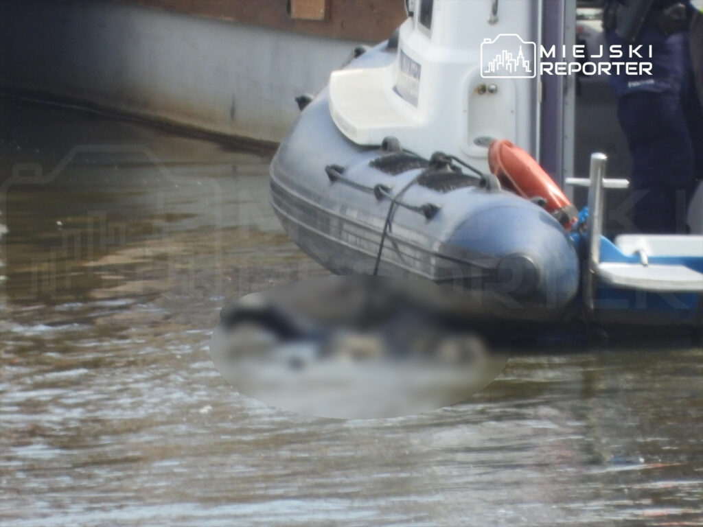 Służby ratunkowe na łodzi zbliżają się do pływającego obiektu na wodzie w miejskim porcie.