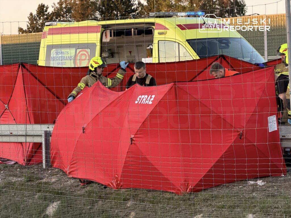 Strażacy w uniformach pracują przy czerwonych namiotach, obok karetki na poboczu drogi.