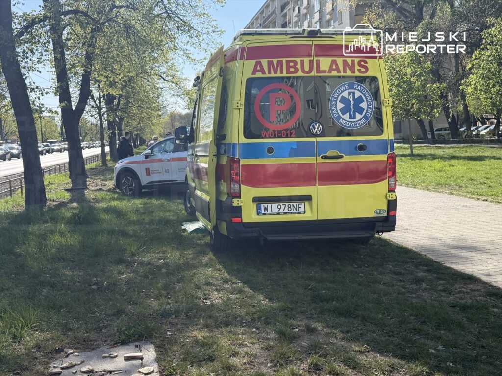Ambulans zaparkowany na trawie obok drogi, obok stoi mężczyzna rozmawiający z osobą w samochodzie.