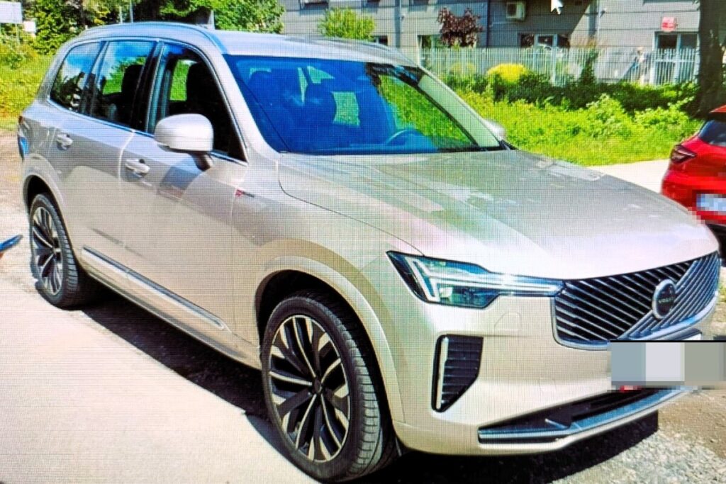 Srebrny SUV z nowoczesnym designem zaparkowany na ulicy, w tle zieleń i budynki mieszkalne.