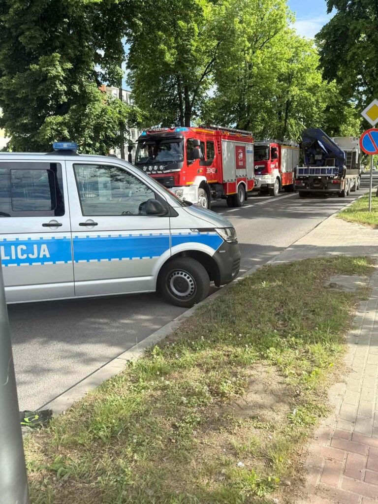 Policyjny radiowóz stoi na poboczu, obok dwóch wozów strażackich oraz ciężarówki z podnośnikiem w zielonym otoczeniu.