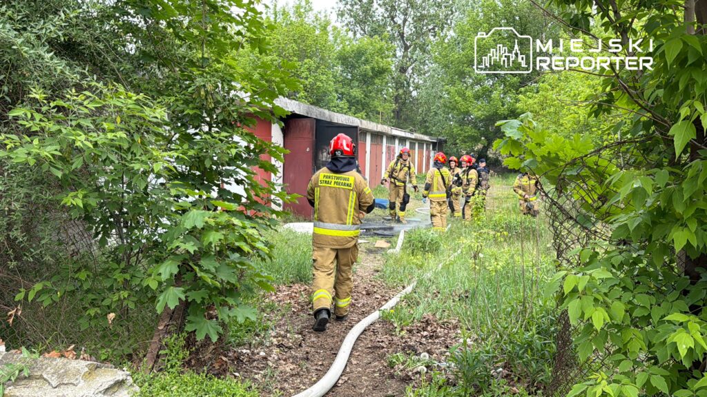 Grupa strażaków w ubraniach ochronnych prowadzi akcję gaśniczą w pobliżu budynków gospodarczych otoczonych zielenią.