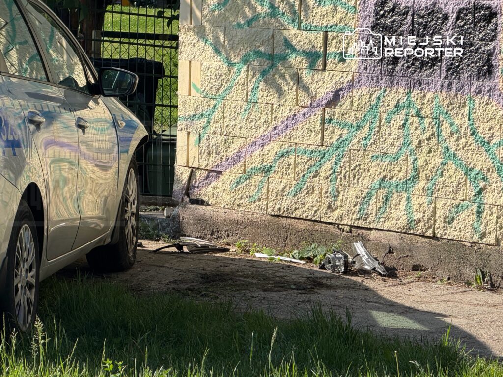 Policyjna radiowóz zaparkowany obok kolorowej ściany z graffiti, z odpadkami leżącymi na ziemi w trawie.