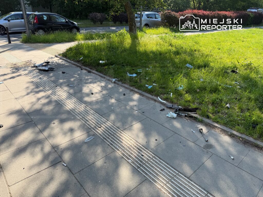 Na chodniku leżą porozrzucane śmieci, w tym kawałki plastiku i papieru, obok trawnika i zaparkowanych samochodów.