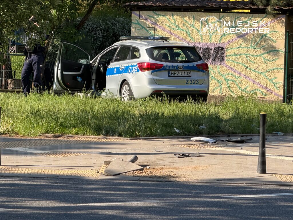 Policjant stojący obok otwartego radiowozu na tle muralu, w otoczeniu wysokiej trawy i zniszczonej nawierzchni ulicy.