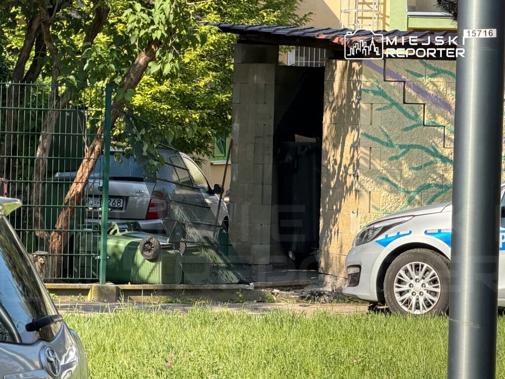 W tle widoczny jest samochód osobowy zaparkowany obok budynku z graffiti, obok którego stoi radiowóz.
