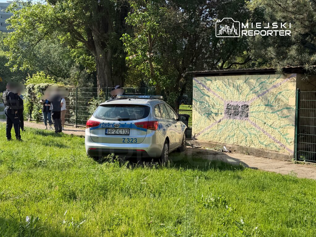 Grupa policjantów rozmawia z cywilami obok radiowozu na trawie, w tle widoczny mural na ścianie budynku.
