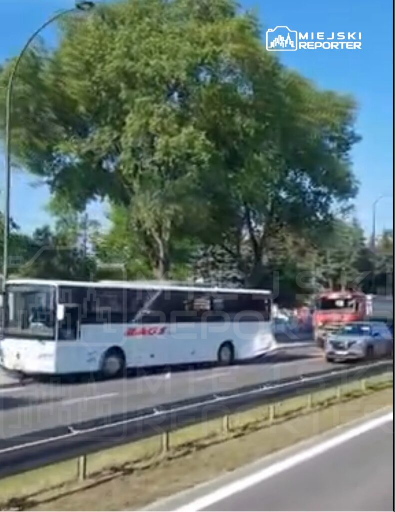 Autobus w białej karoserii przejeżdża obok zadrzewionej ulicy, obok niego stoi samochód strażacki.