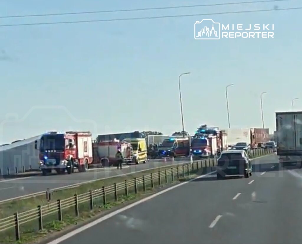 Na drodze stoi kilka wozów strażackich oraz ambulansów, a obok nich zbierają się ratownicy.