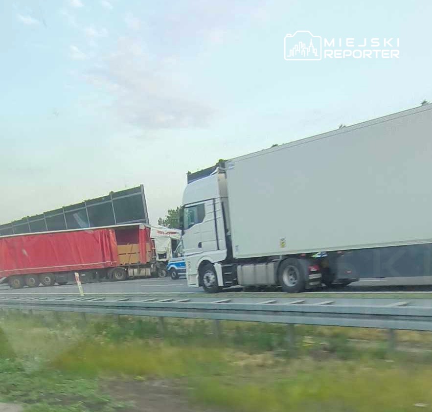 Białe ciężarówki poruszają się obok zatrzymanych pojazdów na drodze, w tle widać zielone drzewa.