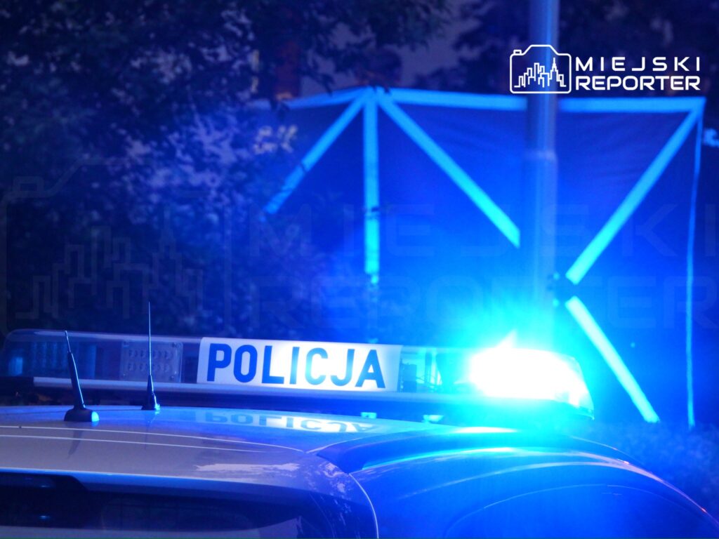 Niebieskie światła policyjne migają na dachu radiowozu, otoczone ciemnym tłem.