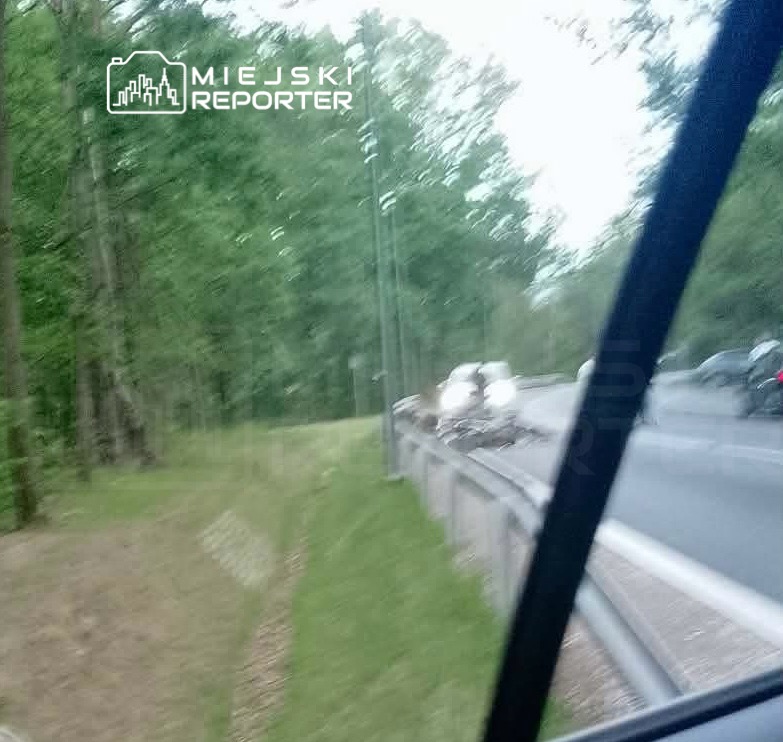 Samochód osobowy stojący przy barierce na poboczu drogi, w otoczeniu drzew i zarośli.