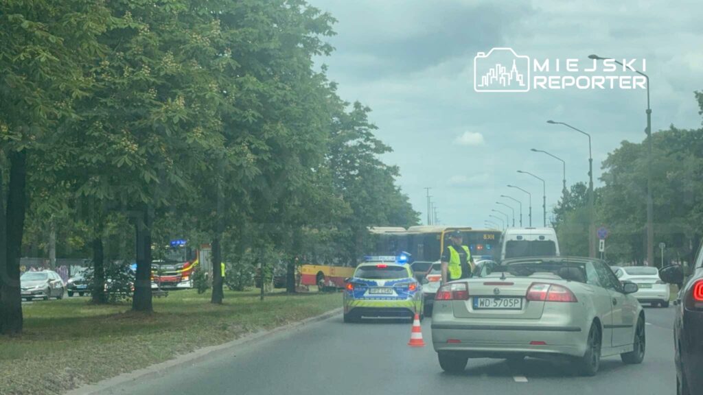 Zespół służb ratunkowych oraz policja zabezpieczają miejsce zdarzenia drogowego na ulicy, obok parku.