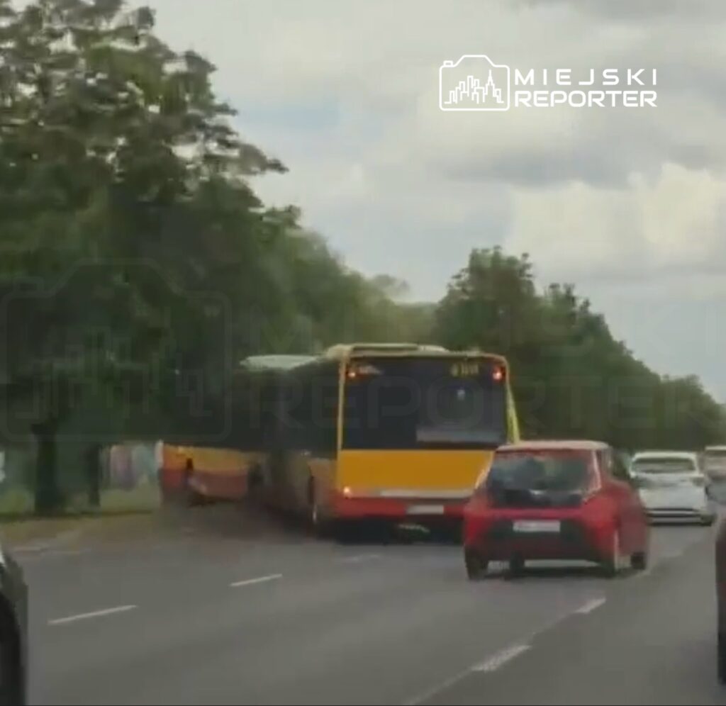 Autobus w żółto-czarnych barwach skręca w lewo na zatłoczonej drodze, obok niego przejeżdża czerwony samochód osobowy.