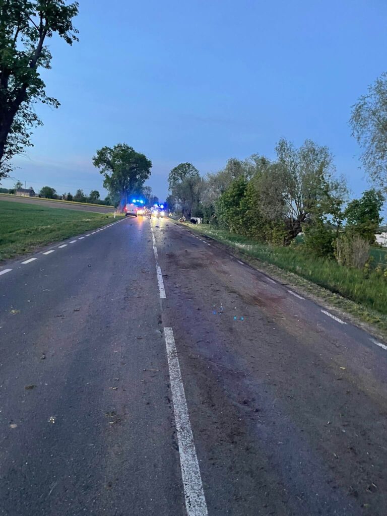Na drodze wiejskiej widać pojazdy policyjne z włączonymi sygnałami świetlnymi oraz ślady zdarzenia.