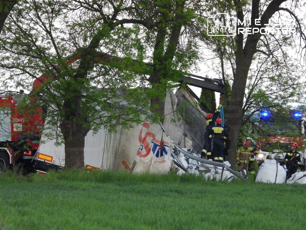 Strażacy zabezpieczają wrak ciężarówki przewróconej na bok w otoczeniu drzew i trawy.